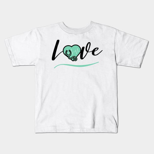 Love medicine black text design with green heart stethoscope and heartbeat Kids T-Shirt by BlueLightDesign